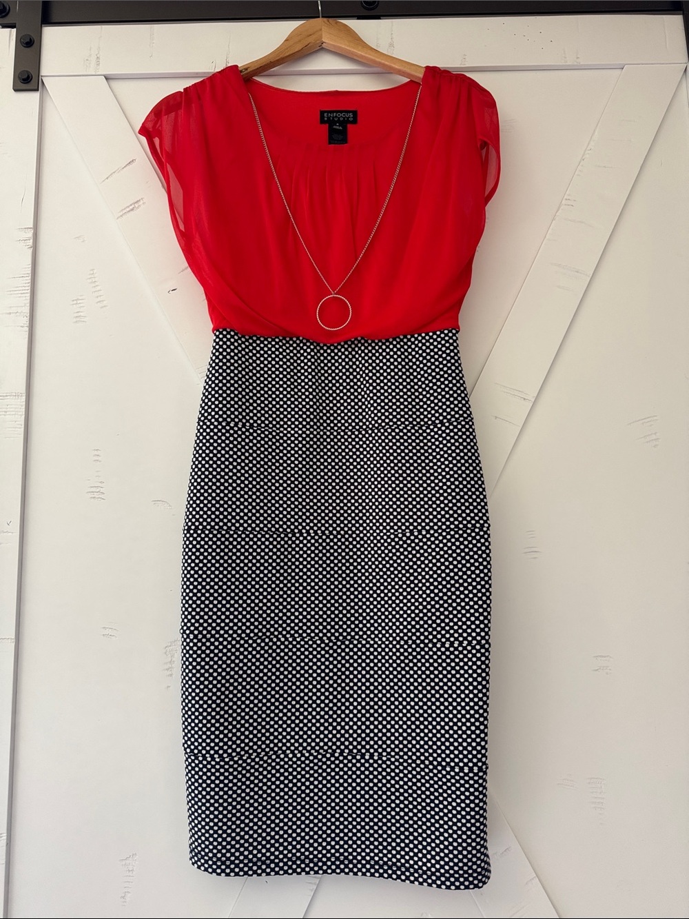 Red Blouse with attached Navy Blue & White Polka Dot Pencil Skirt